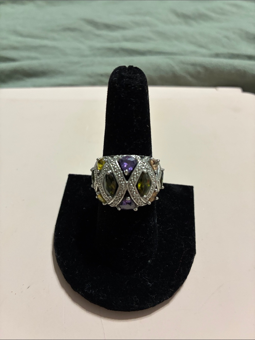 Silver tone Multi-Gemstone Statement Ring - Green & Purple